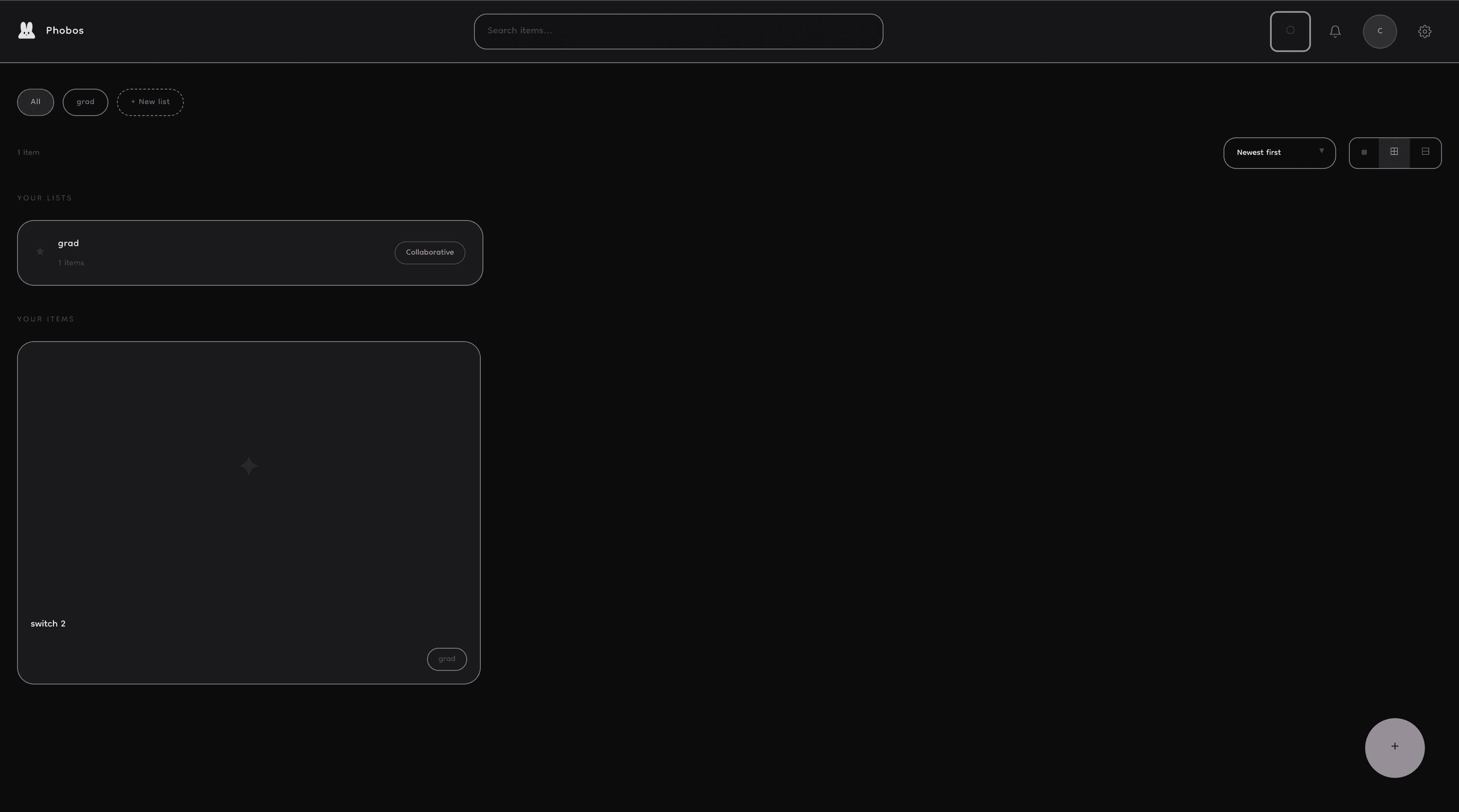 The Phobos dashboard showing wishlists and saved items