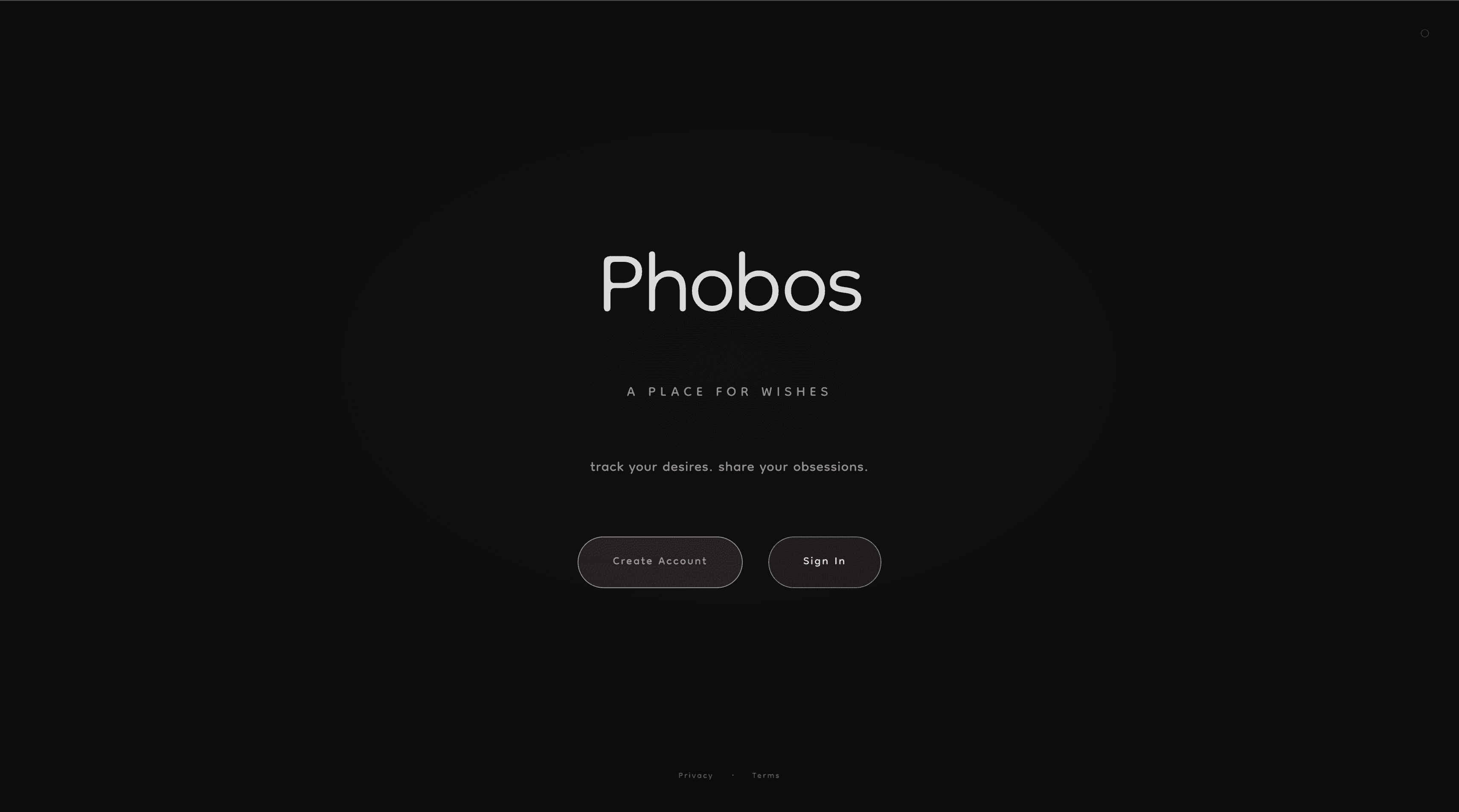 Phobos landing page in dark mode